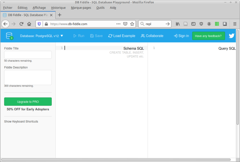 Interface d'accueil DB Fiddle