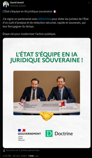 Le 25 novembre 2025, le ministre délégué chargé de la Fonction publique et de la Réforme de l’Etat signe un partenariat avec Doctrine, « première plateforme d’intelligence juridique », à destination des juristes publics.