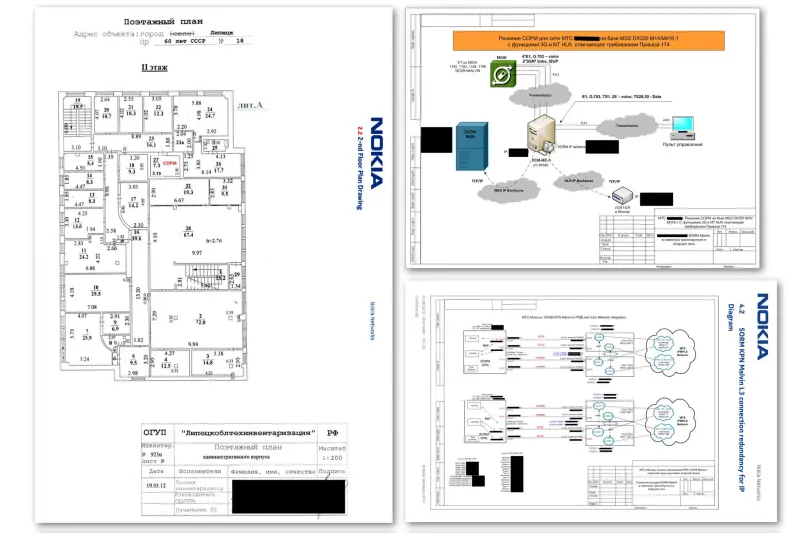 Les documents décrivent la participation de Nokia à la connexion du réseau MTS à SORM. Les plans d'étage et les schémas font référence à SORM par son acronyme russe COPM.