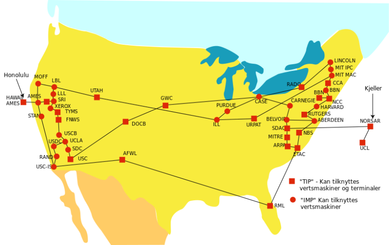 Sites des États-Unis reliés à ARPANET en 1974.