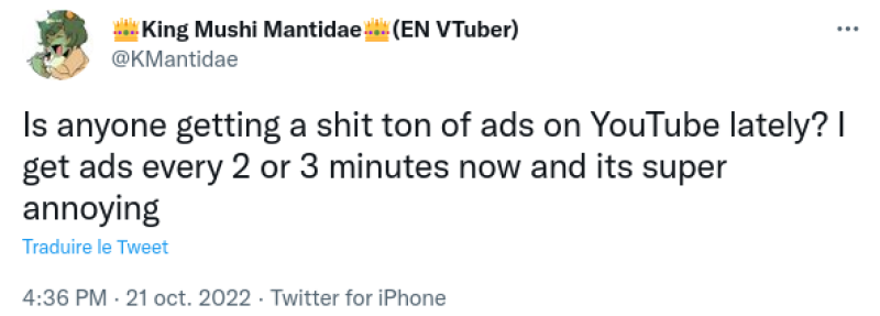 Youtube ads frequency increase (post on Twitter)