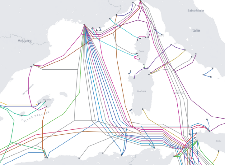 Carte des câbles sous-marins du réseau Internet (France, Sud, 2025)