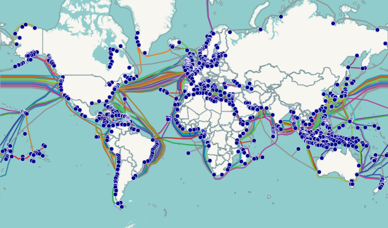 Carte des câbles sous-marins du réseau Internet (Monde)