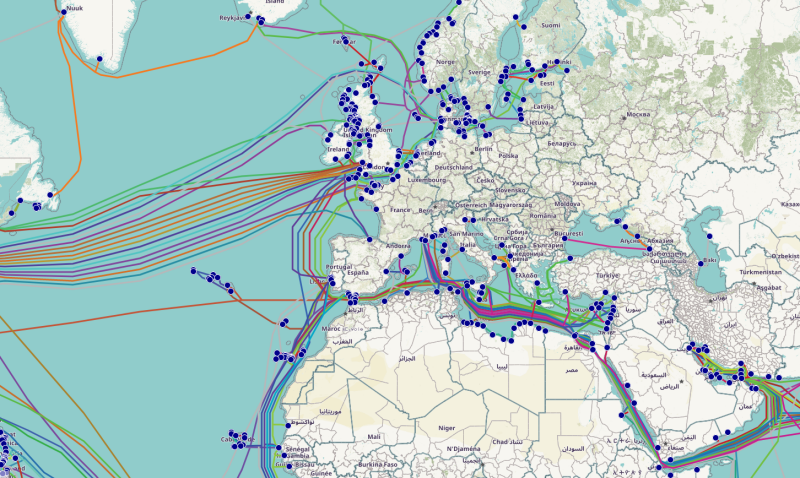 Carte des câbles sous-marins du réseau Internet (Europe)