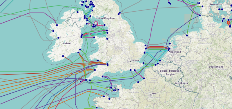 Carte des câbles sous-marins du réseau Internet (France, Nord)