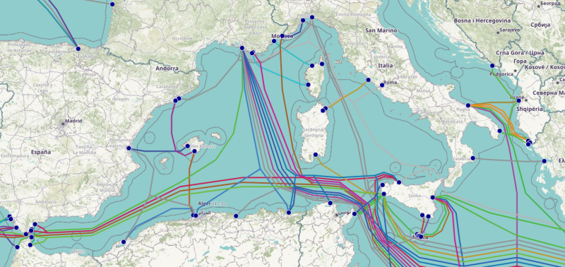 Carte des câbles sous-marins du réseau Internet (France, Sud)