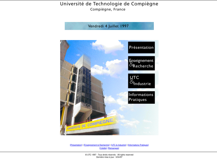 Page d'accueil du site de l'UTC le 9 mai 1997 (www.utc.fr)