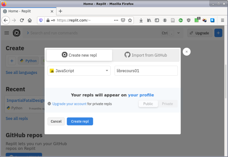 Choisir un langage et le nom du repl