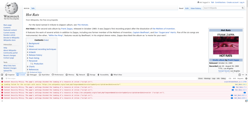 Aperçu de la console sur un article Wikipédia. On voit qu'il existe des erreurs sur le script de cette page.