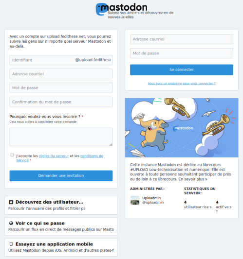 Page d'inscription et de connexion à une instance Mastodon