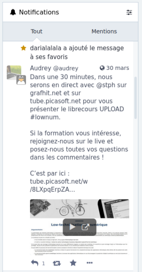 Notification reçue lorsqu'un compte ajoute un de nos messages à ses favoris