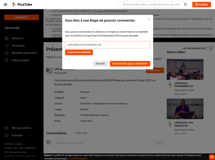Interaction distante : publier un commentaire sous une vidéo Peertube avec un compte Mastodon