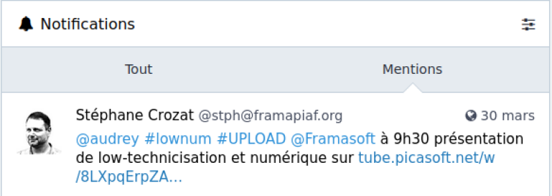 Une mention apparaît dans les notifications du ou des comptes mentionnés (ici @audrey et @Framasoft)