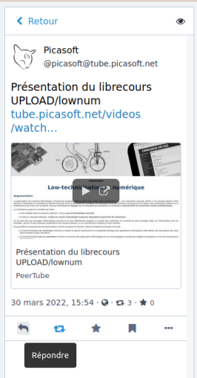 Commenter une vidéo Peertube avec un compte Mastodon équivaut à répondre au message qui inclut la vidéo et qui apparaît dans l'interface de Mastodon