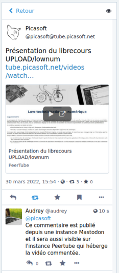 Sur Mastodon, le commentaire apparaît sous le message incluant la vidéo publiée sur Peertube