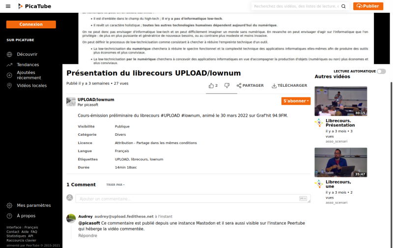 Sur Peertube, le commentaire publié par un compte Mastodon apparaît sous la vidéo.