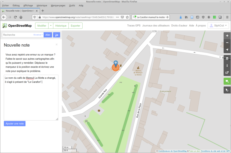 Notification du changement de nom d'un café sur OpenStreetMap