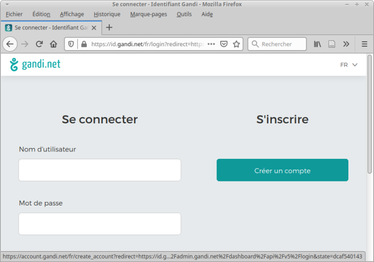 Interface "Se connecter" permettant de créer un compte