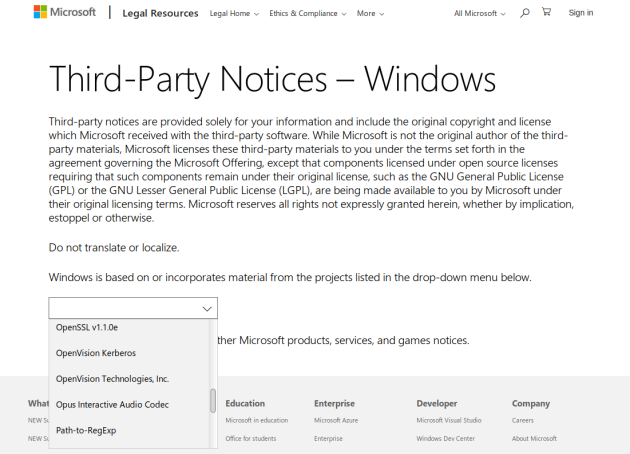 La page "Third-Party Notices - Windows", contient une très grande liste déroulante avec des projets comme OpenSSL, Opus audio codec, Path-to-RegExp...