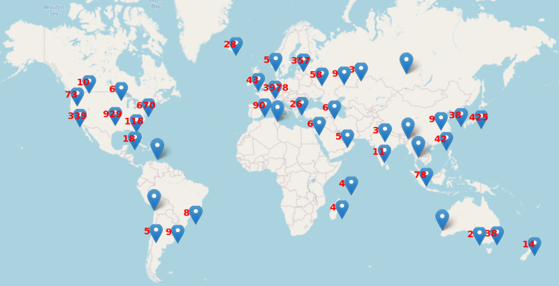 Carte des instances du Fediverse, sur Fediverse Observer, par David Morley - Licence AGPL v3
