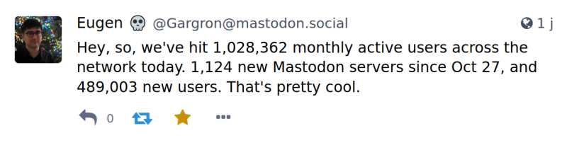 Capture d'écran d'un message d'Eugen Rochko, publié sur l'instance mastodon.social le 7 novembre 2022 (Interface de Mastodon, par les contributeurs de Mastodon, licence AGPLv3)