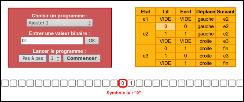 Exemple de machine de Turing binaire (programme ajouter 1)