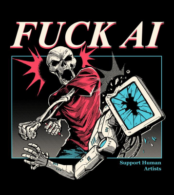 It is an image of a skeleton person in a red shirt and green pants punching a robot with a screen for a head. The top text reads "FUCK AI" with the bottom reading "Support Human Artists"
